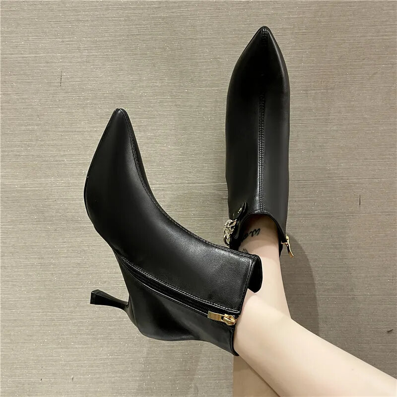Ladies Shoes High Quality Zip Women's Boots Fashion Metal Decoration Modern Boots Women Sexy Pointed Toe Ankle Shoes Female