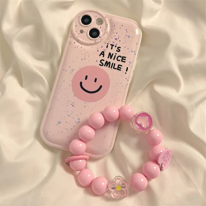 Pink Spotted Smiley Face Phone Case For Iphone 14 Plus 7 8 X Xs Xr 11 12 13 Pro Max Silicone Cases Cover With Chain