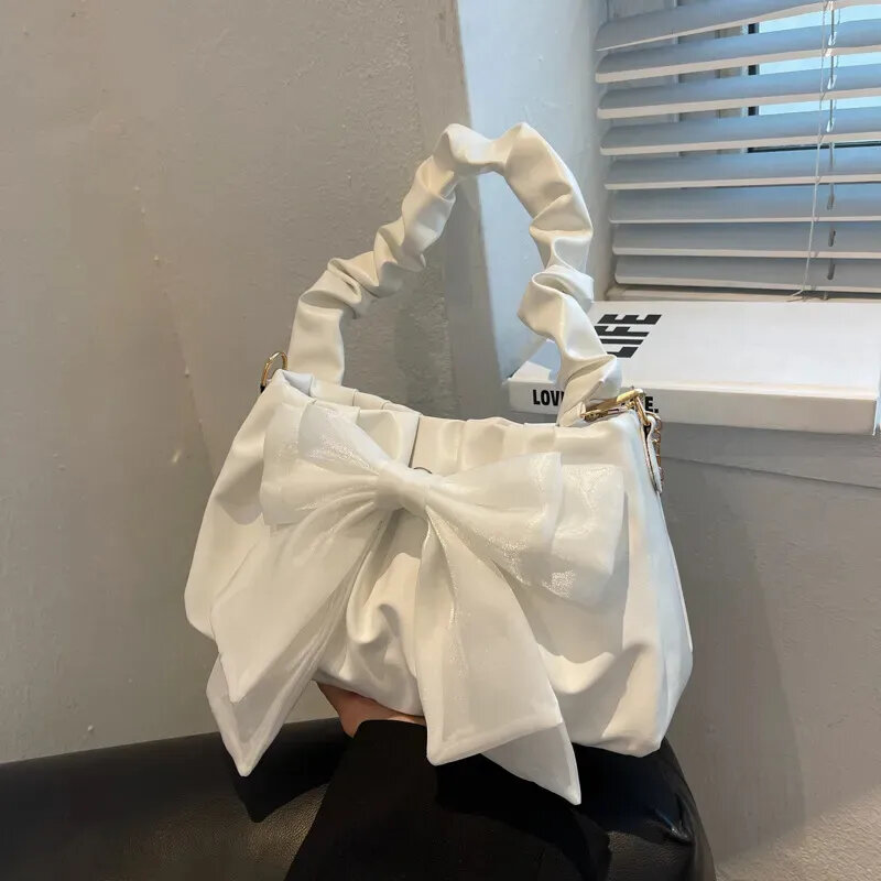 White Bow Mini Wallet Hand Bag Kawaii Aesthetic Vintage Elegant Handbags Shoulder Crossbody Tote Bags Women