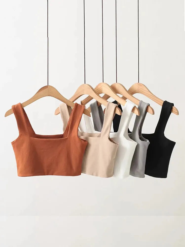 Women Square Neck Chunky Strap Top Fitted Crop Tank