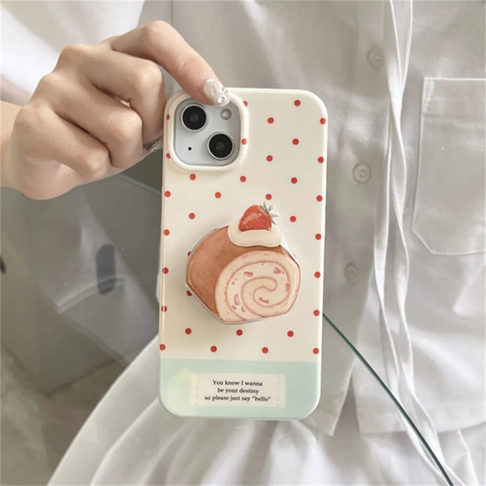 Ins Korean Pink Wave Point Strawberry Swiss Roll Ring Holder Stand Phone Case For Iphone 14 Pro Max 13 Pro 12 11 Cute Cover