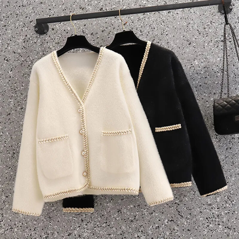 V-neck Solid Color Mink Velvet Top Cardigan Women's Autumn And Winter Korean Style Loose Fashion Elegant Casual Sweater Coat