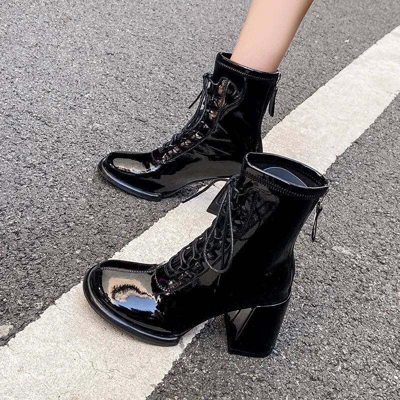 Winter Shoes For Women Basic Back Zip Women's Boots Pu Mid-calf Boots Women Sewing Round Toe Lace-up High Heel Shoes Ladies