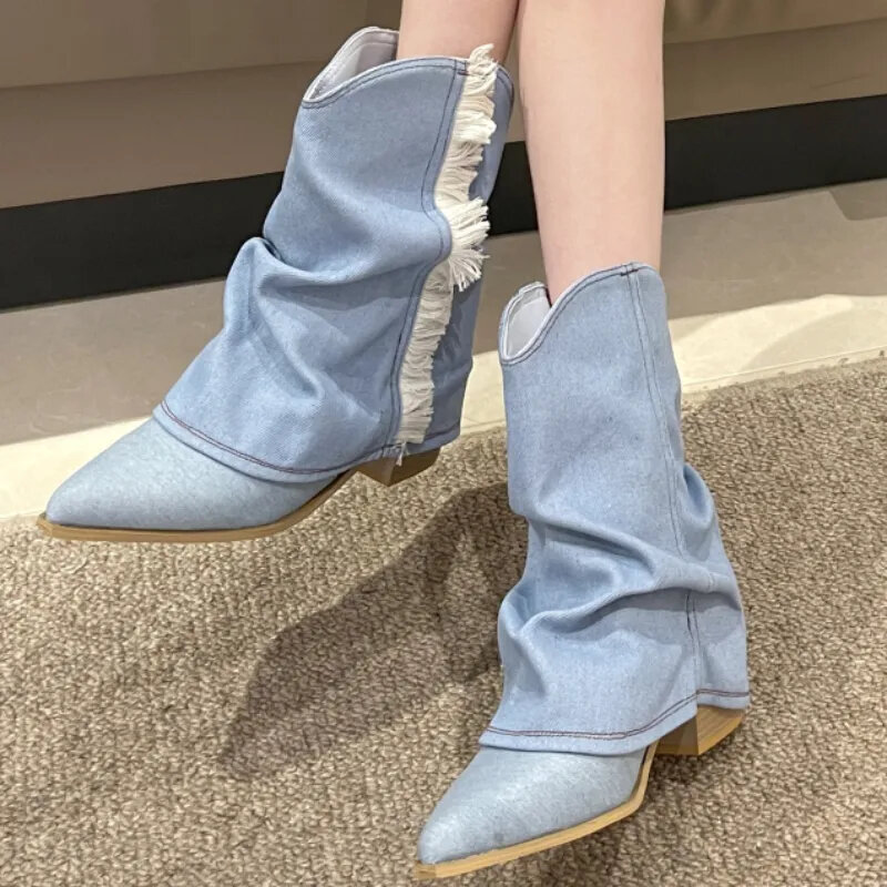Autumn Turned-over Edge Slip On Women's Boots Mixed Colors Pointed Toe Mid Heel Fashion Boots