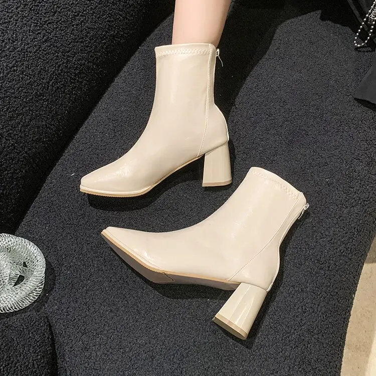 Ankle Boots Modern Women's Shoes Thick Heel Pu Leather Winter Boots Simple Style Women's Shoes Square Toe Full Set Side Zipper