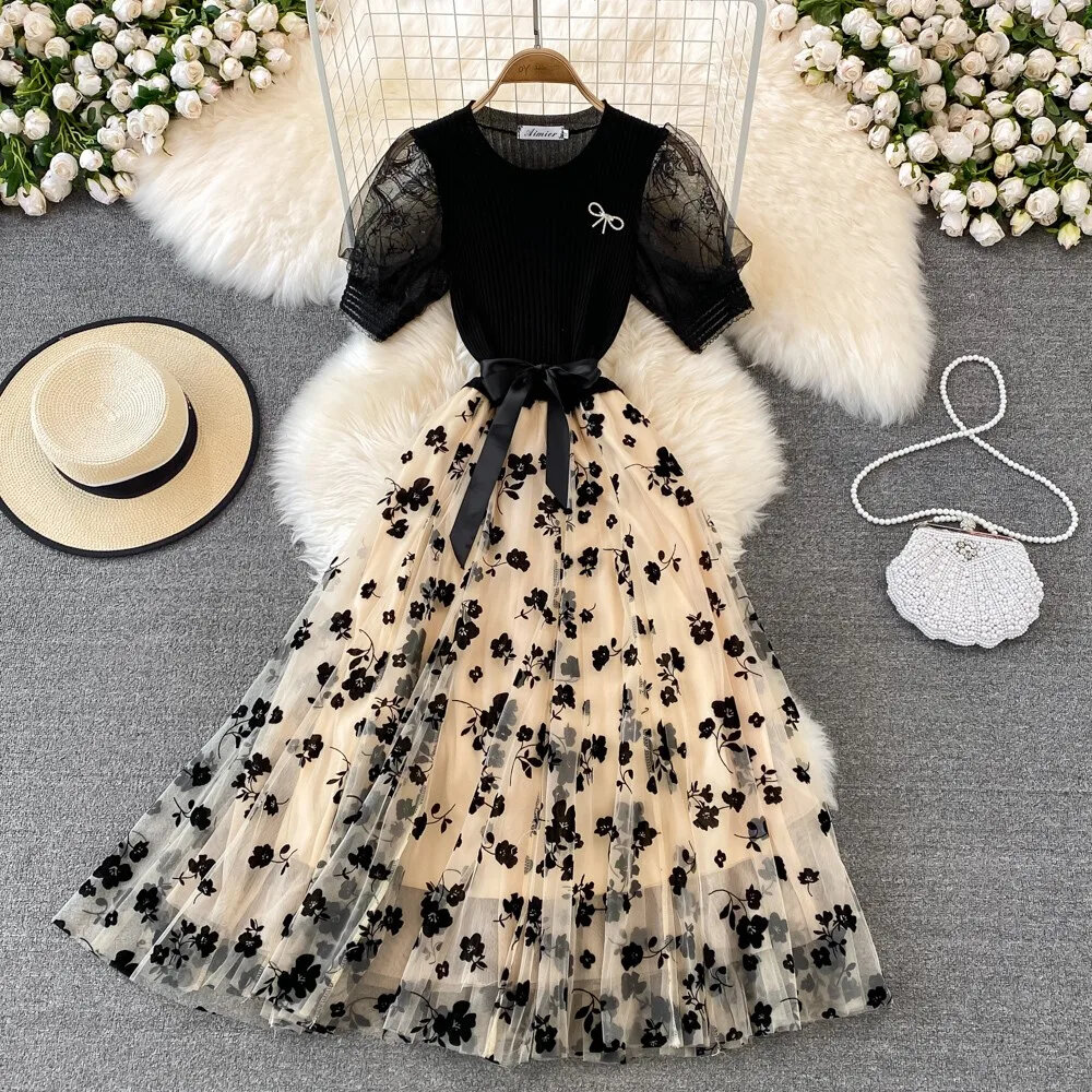 Women's Spring Summer Mesh Knit Dress Korean Fashion Floral Bandage Knitting Ladies Dress Elegant Casual Party Midi Dresses