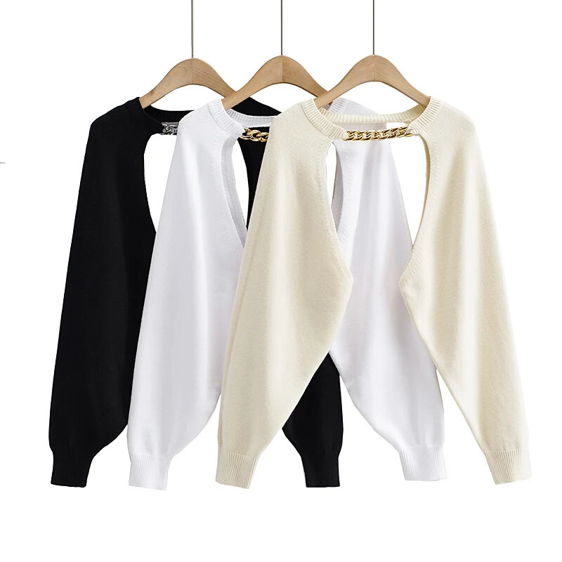 Sexy Cropped Cardigan Knitted Short Cardigan Sweaters For Women Fashion Cute Tops Korean Style Long Sleeve Top Punk Chain