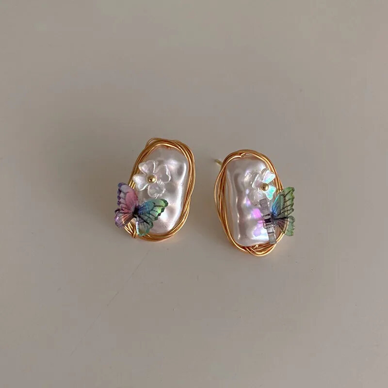 Korean Retro Simple Irregular Pearl Butterfly Flower Stud Earrings For Women Fashion Geometric Luxury Jewelry