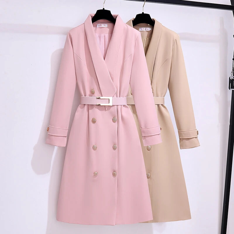 Korean Pink Long Coat Jackets For Women Spring Autumn Elegant Fashion Slim Long Sleeves And Belt Casual Female Clothing