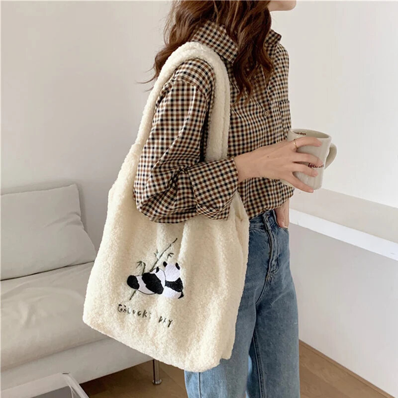 Warm Plush Fabric Women Shoulder Bag Cute Panda Handbag Tote Large Capacity Embroidery Shopping Bag Cloth Book Bags For Girls