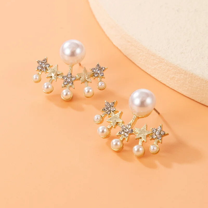 Crystal Star Stud Earrings Claw Flower Shape Women Small Earrings Simulated Pearl Beads Petals Korean Ear Jewelry