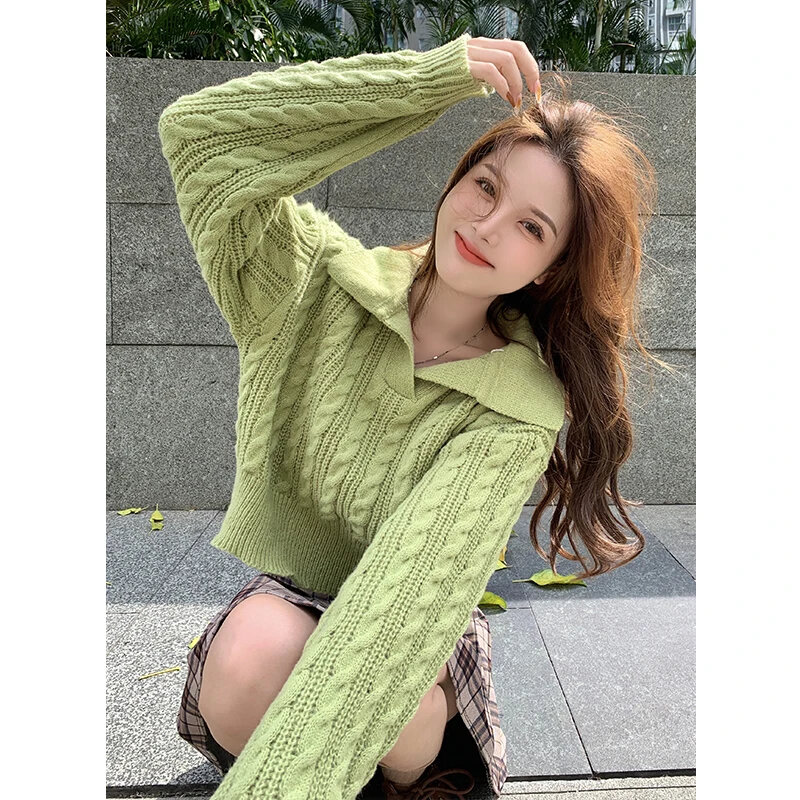 Sweaters For Women Autumn And Winter Korean Casual Solid Color Lapel Twist Knit Pullover Sweater Short Top Female