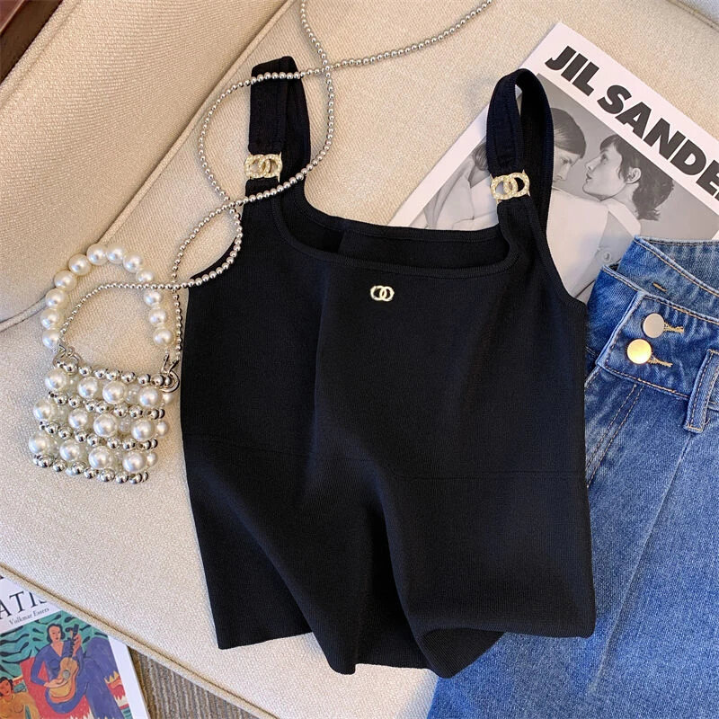 Diamonds Tank Top Chic Embroidered Flares O-neck Design Slim Sleeveless Camisole Summer Women's Tube Top