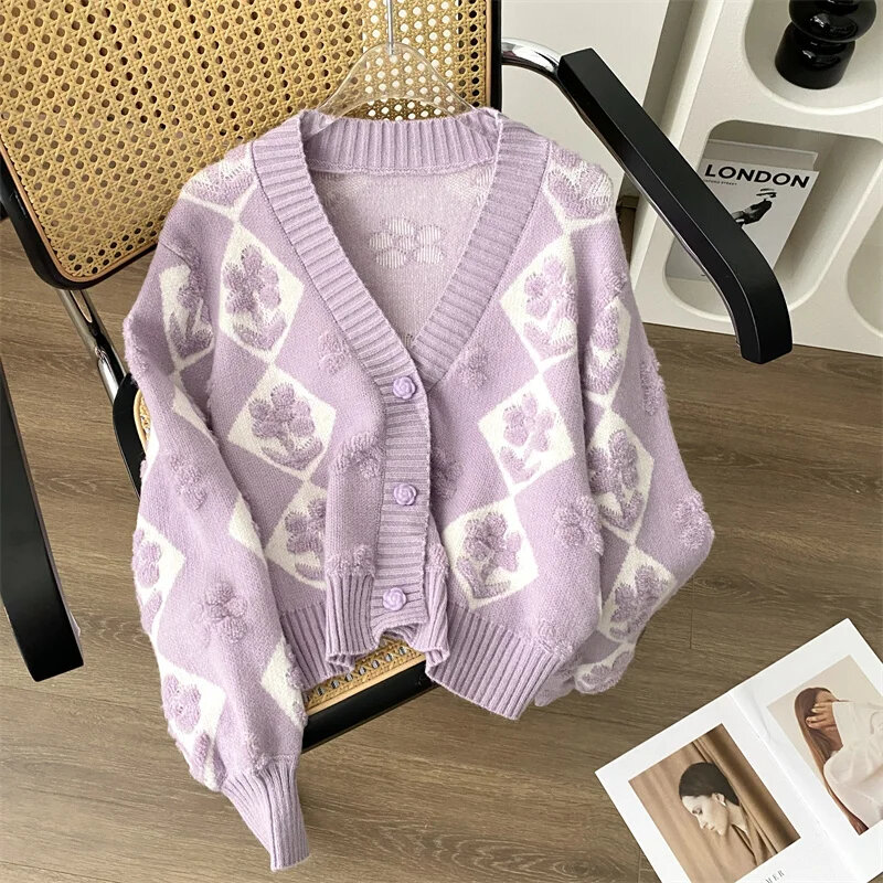 Autumn Purple Cardigan Women Y2k Embroidered Sweaters Loose Knitted Cardigans V Neck Sweet Style Sweater Coats
