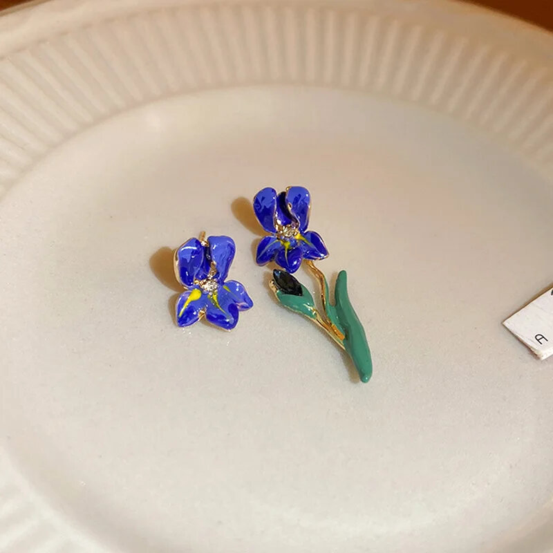 Korean Asymmetric Oil Dropping Orchid Flower Earrings Fashion Elegant Simple Earrings Women's Jewelry