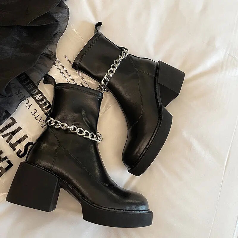 Chain Black Women's Short Boots Chunky Heels Fashion Ladies Shoes Punk Korean Vintage Autumn Winter Gothic Platform Footwear