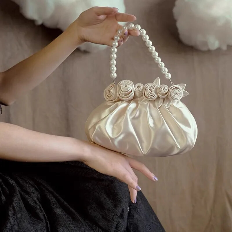 Advanced Ynthetic Pearl Top-handle Women Silk Flowers Bucket Bag Evening Purses And Clutches Formal Wedding Handbags