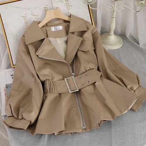 Fall Women Leather Short Jacket Turn-down Collar Korean Style Fashion Faux Leather Pu Coat With Belt Slim Outwear Full