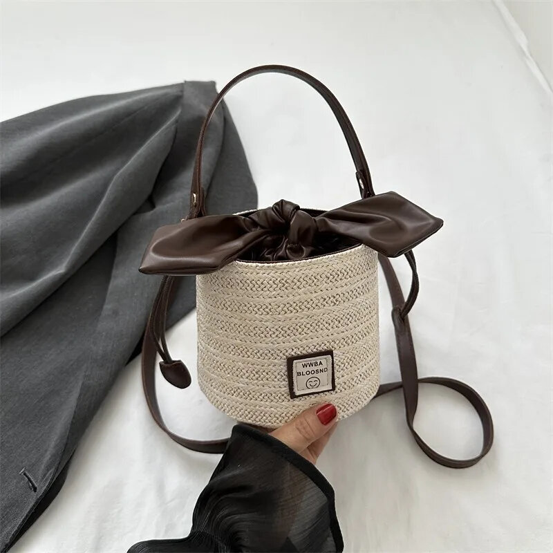 Fashion Bucket Round Crossbody Bag For Women High Quality Korean Style Straw Woven White Khaki Handbag Purses