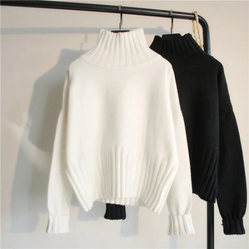 Autumn Fashion Korean Turtleneck Sweater Women's Casual Pullover White Black Loose Tops Knit Jumpers Long Sleeve Knitwears