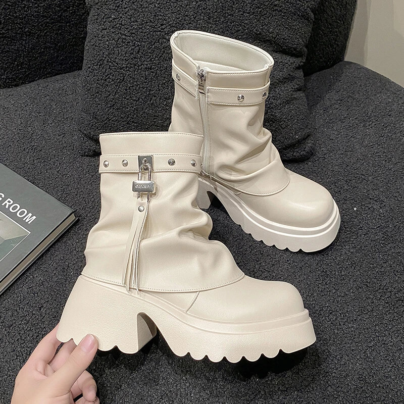 Women Platform Ankle Boots 7.5cm Heels Chunky Rivet Short Boots Soft Leather Sneakers Winter Thick Sole Motorcycle Boots Woman