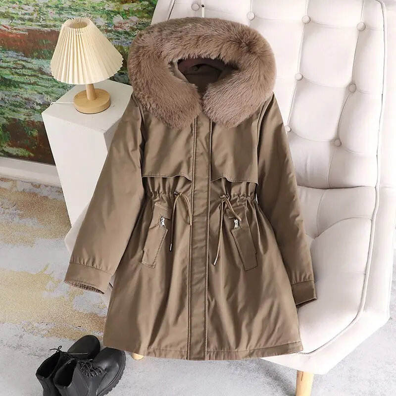 Fashion Long Coat Wool Liner Hooded Parkas Slim Fur Collar Jacket Female Warm Snow Wear Padded Clothes