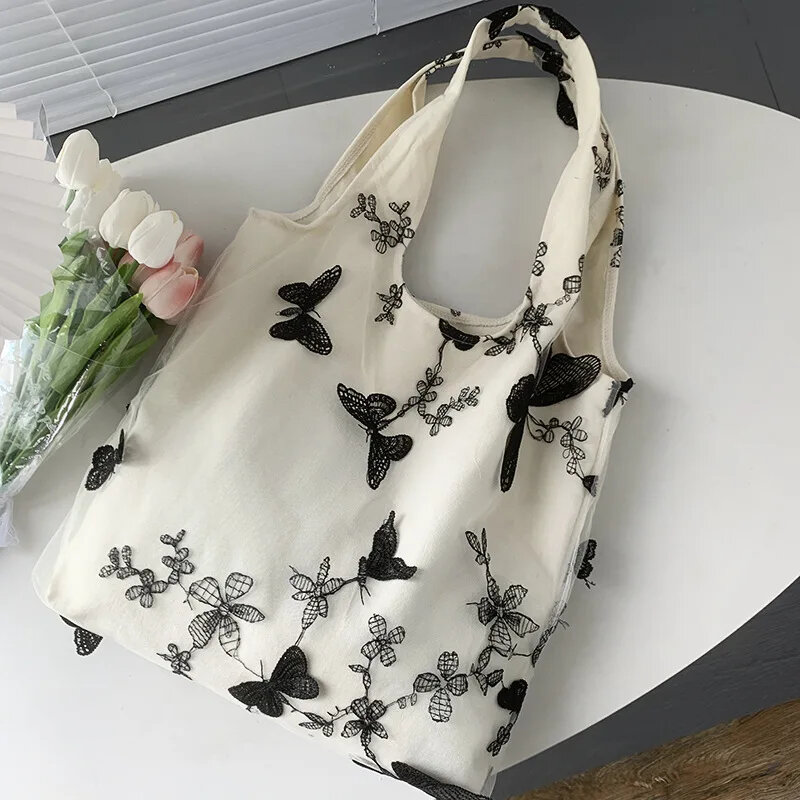 Canvas Tote Bags For Women Cute Embroidery Handbags Girls Fashion Casual Large Capacity Shoulder Bag Lace Mesh Shopping Bag