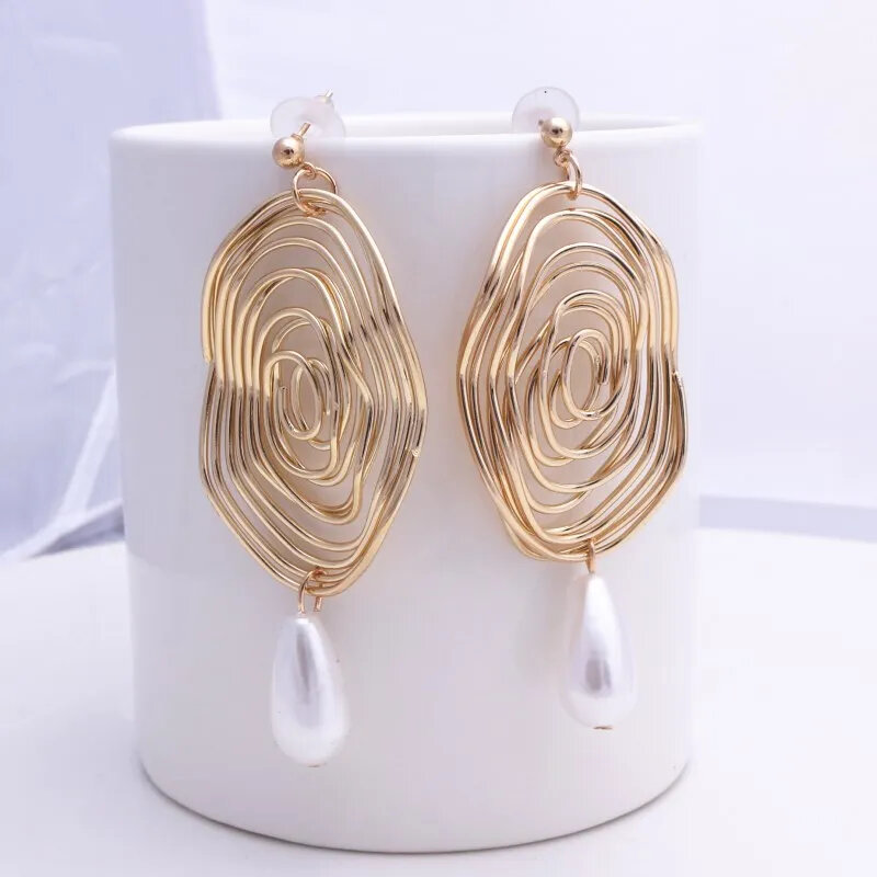 Korean Fashion Simulated Pearl Drop Earrings For Women Geometric Metal Pendant Ear Wedding Party Jewelry Accessories