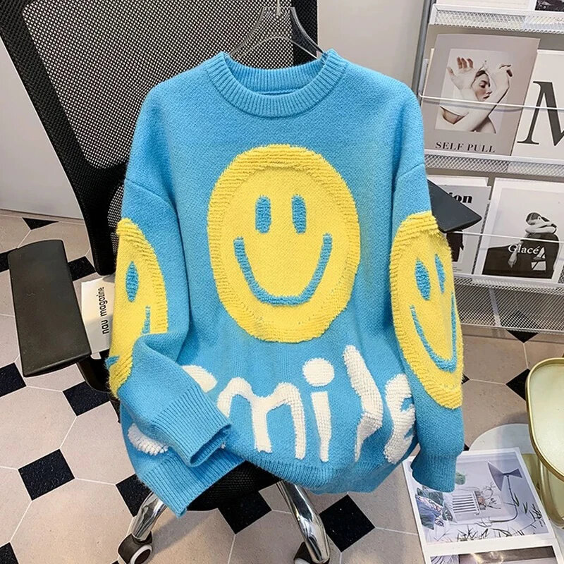 Kawaii Korean Style Smile Print Sweater Women Cashmere Pink Autumn Winter Long Sleeve Knitted Tops Oversized Sweaters Pullovers