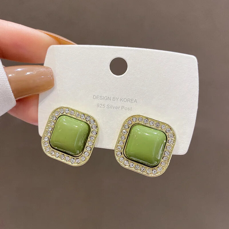 Korean Trend Zircon Green Square Stud Earring Crystal Geometric Rhombus Ear Jewelry Wholesale Wedding Gift