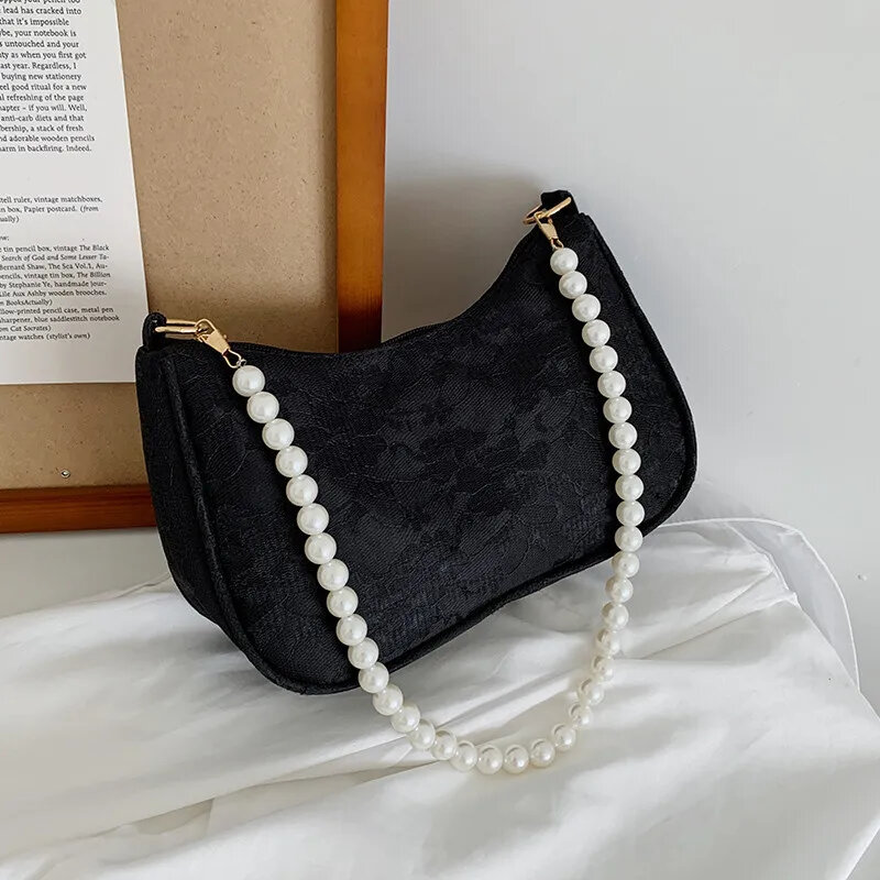 Vintage Women Shoulder Bag Jacquard Lace Flower Solid Color Pearl Chain Underarm Handbag Female Storage Travel Tote