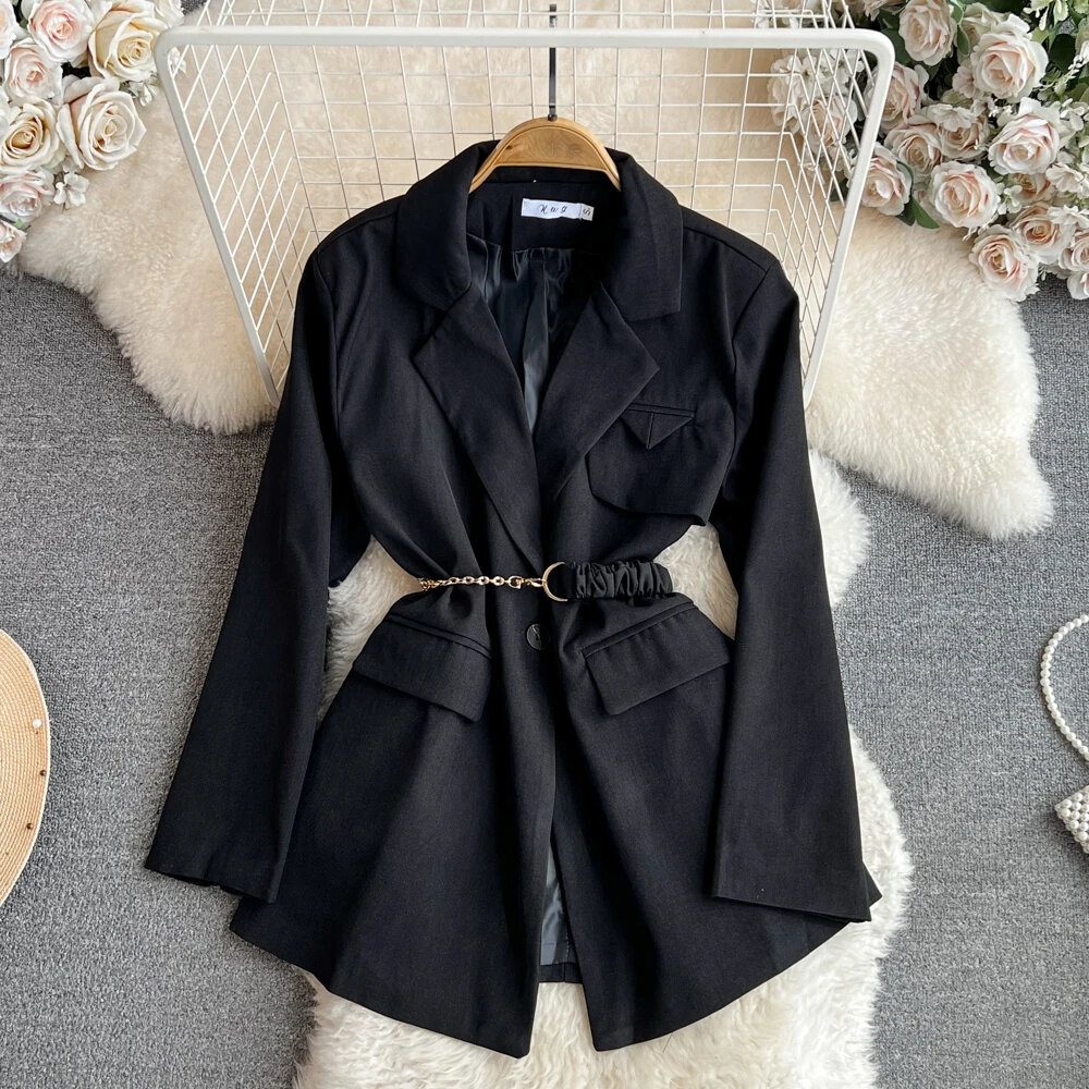 Autumn Winter Black Suit Jacket Korean Style Turn-down Collar Full Sleeve Midi Women Tops Chic Design Skinny Female Coats