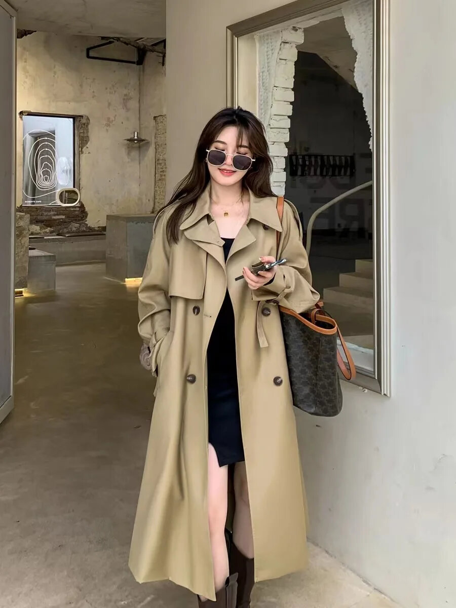 Women Spring Autumn Trench Coats Korean Classic Double Breasted Britain Loose Medium Length Female Clothing Tops