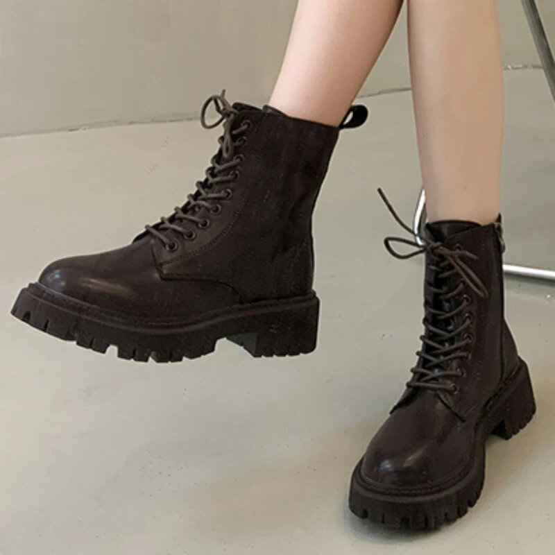 Women's Shoes Lace Up Zipper Women's Boots Autumn Round Toe Solid Naked Boots Mid Heel Water Proof Fashion Boots