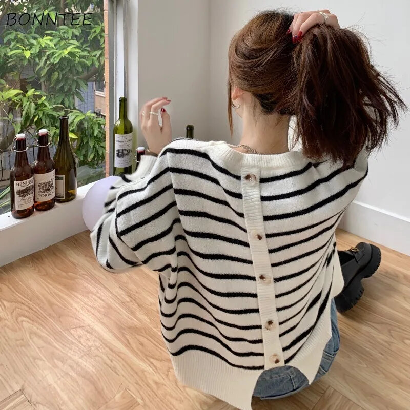 Pullover Women Button O-neck All-match Striped Sweater Knitted Lazy Tender Minimalist Leisure Female Cozy Korean Style College