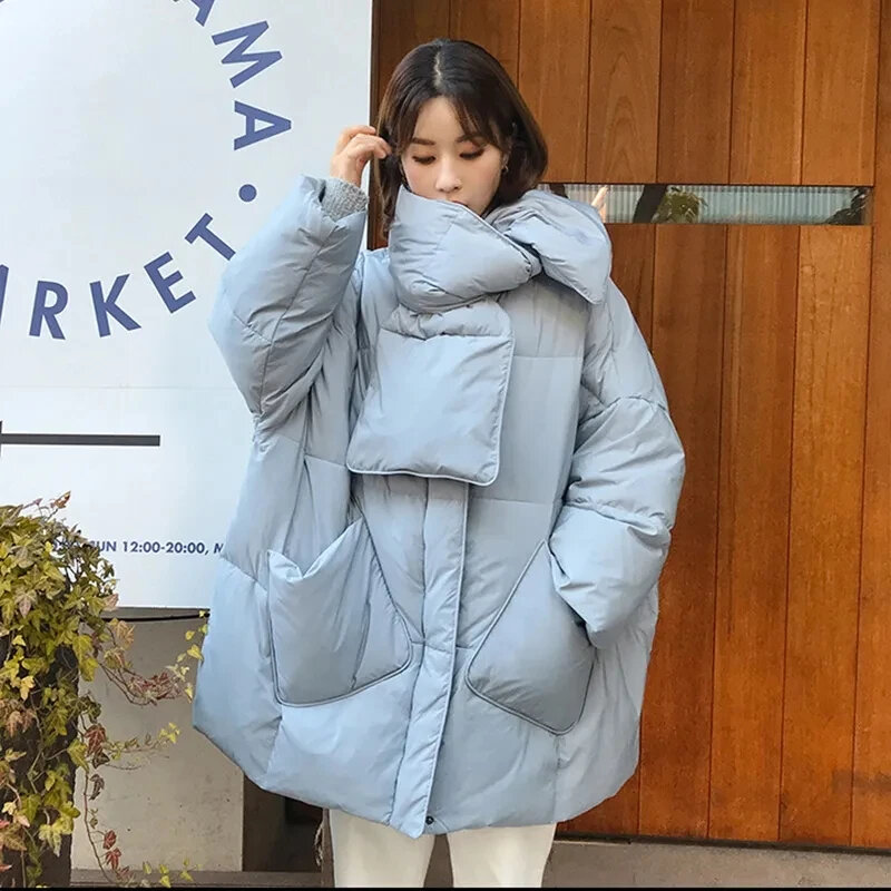 Winter Scarf Oversized Down Jacket Women Baggy Puffer Coat Round Neck Loose Thick Long Parkas Female Warm Snow Outwear