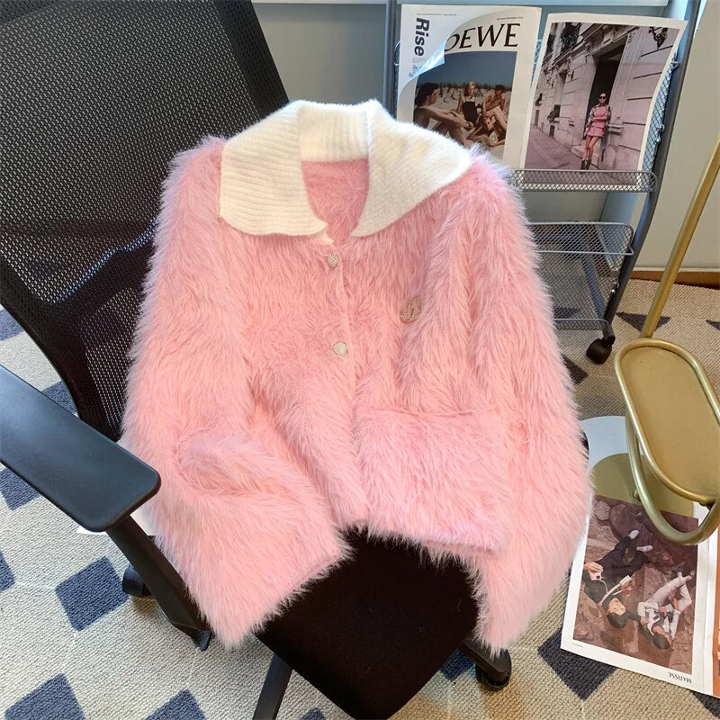 Soft Warm Faux Mink Sweaters Turn Down Collar Loose One Breasted Casual Cardigan Coat Female Spring Autumn Versatile Knitwear
