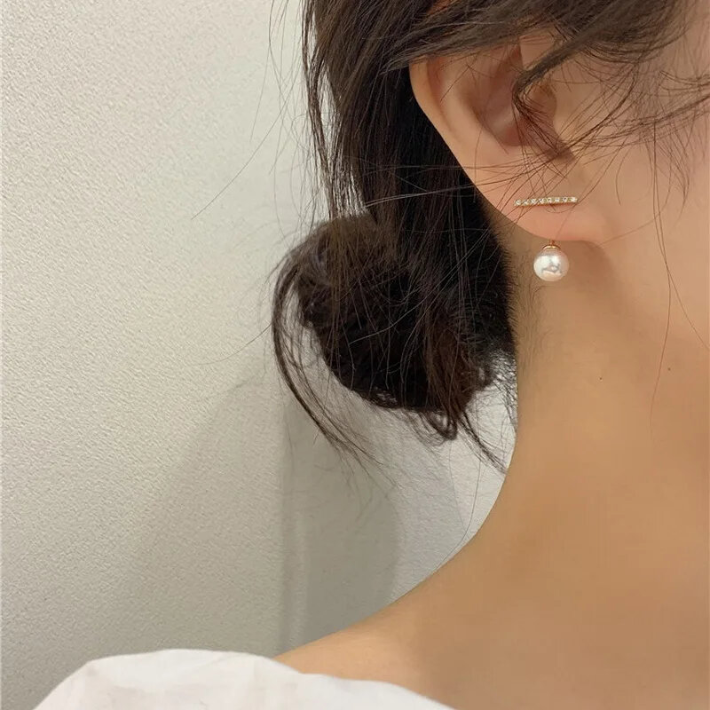 Korean Crystal Line Metal Pearl Stud Earrings For Women Girl Simple Gold Color Small Earring Party Jewelry