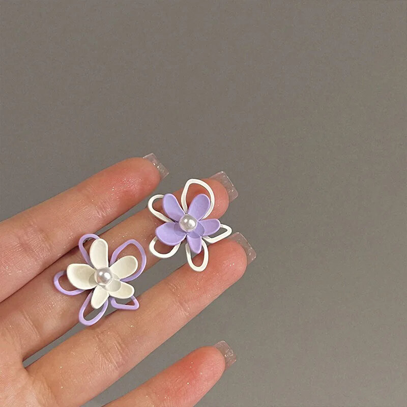 Purple White Flower Stud Earrings For Women Hollow Floral Imitation Pearl Beads Korean Fashion Girls Lovely Ear Jewelry