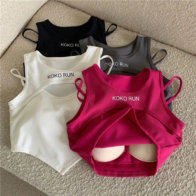 Casual Crop Tops For Women Knitting Irregular Tops Hollow Out Camisole Women Fake Two Pieces Tank Tops With Bra Pad