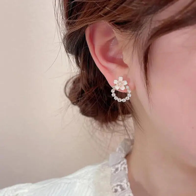 Korean Earings Fashion Jewelry Statement Earrings Pink Sakura Flower Circle Simulation Pearl Circle Stud Earrings For Women