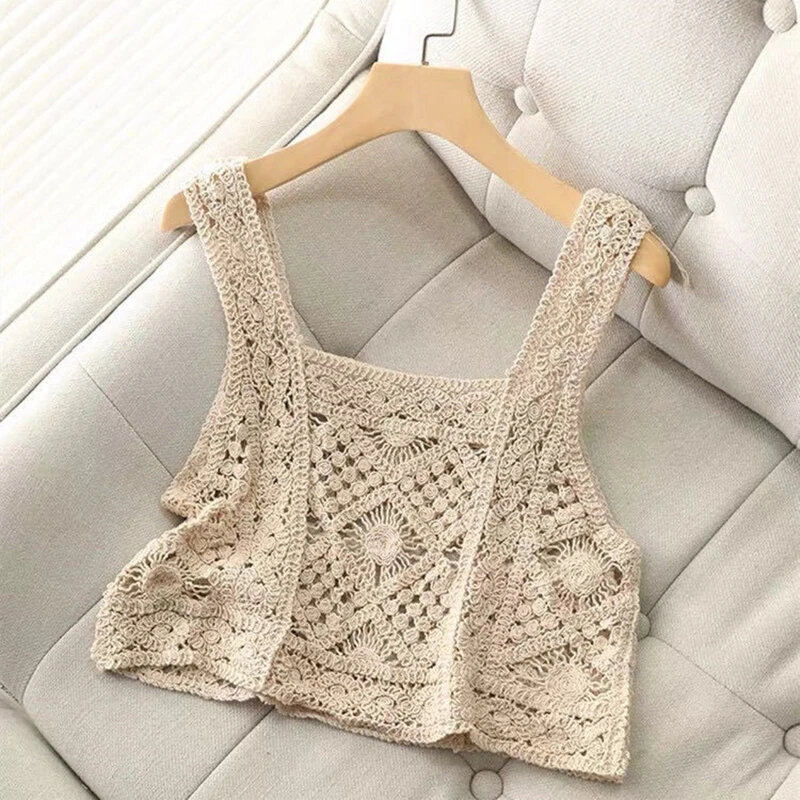 Women Spring Vintage Crochet Camisole Bohemian Hollow Out Geometry Floral Pattern Knitted Vest Casual Slim Sleeveless Crop Top
