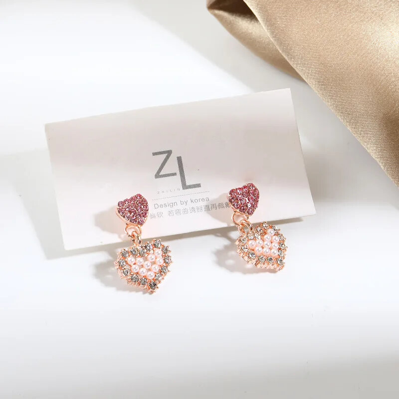 Sweet Girl Earrings Korean Fashion Earrings Wild Super Fairy Love Peach Heart Pearl Crystal Pink Net Red Earrings Women