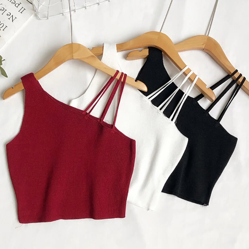 Women Plain Sexy Crop Tops Knitted Halter Tops Y2k Camisoles Off Shoulder Tube Tops Cute Candy Tops For Women
