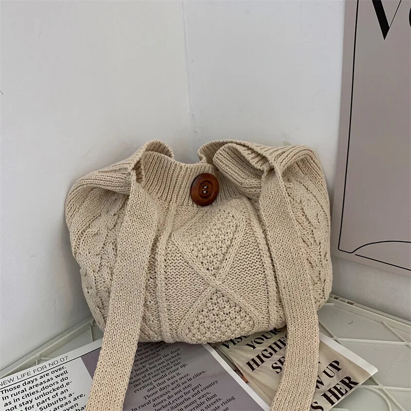 Female Soft Knitting Solid Color Tote Bag Women Japanese Korean Style Soft Crochet Braid Shopping Top-handle Handbag