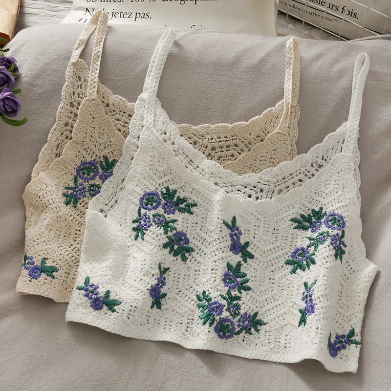 Knitted Crop Tops Spaghetti Strap Tanke Top Embroidered Cami Hollow Perspective Slim Fit Camisole Sleeveless