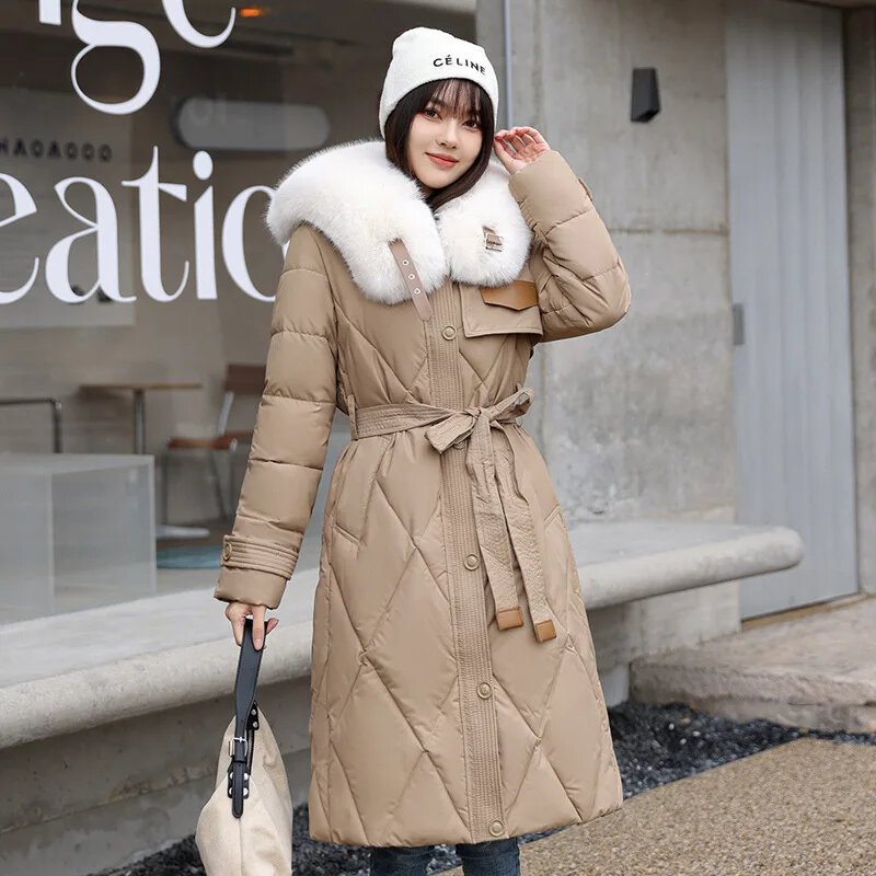 Winter Big Fur Collar Snow Parkas Long Warm Puffer Jacket With Belt Cotton Padded Quilted Women Winter Coat Clothes