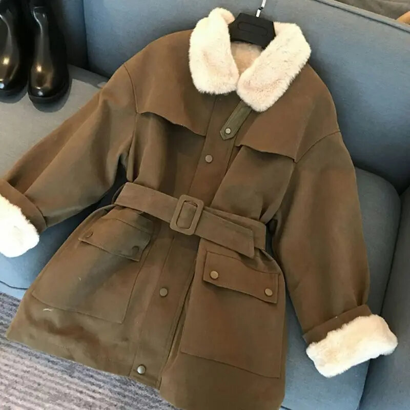 Korean Style Autumn Winter Women Fashion Thick Single Breasted Jacket Lady Casual Faux Lambs Warm Solid Color Coat