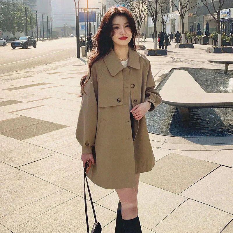 Trench Women Classic Khaki Casual Loose Coats Korean Fashion Elegant Mid-length Windbreake Autumn Winter Ladies Solid Jacket