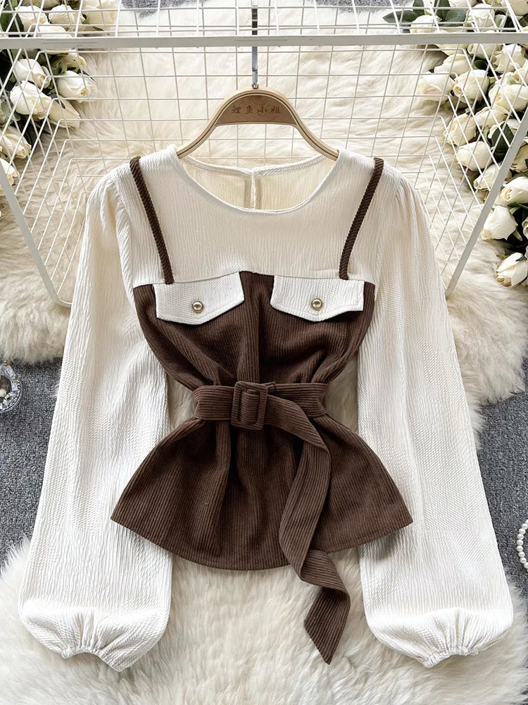 Classic Ribbed White Blouse With Contrast Brown Pinafore